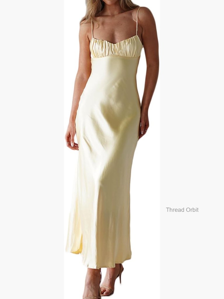 Satin Spaghetti Strap Backless Ruched Midi Dress Wedding Guest Cocktail